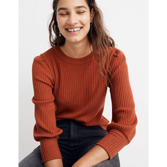 Madewell Brush Ribbed Top Womens L Large Cream 3/4 Pleat Blouson Sleeve Sweater - Picture 13 of 14